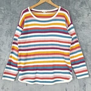 Womens Sweater XL Rainbow Stripe Indie Boho Colorful Knit Ribbed Pullover Casual